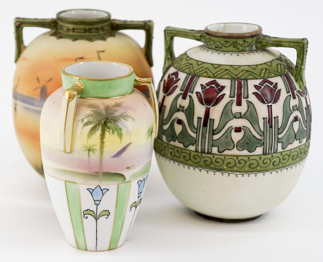 Nippon Vases (3): Three Nippon vases. They measure 4.5 inches and 5 inches (2. The taller with roses is as-is, other two are free of any damage. If lot is absent of a condition report a condition report may be requeste