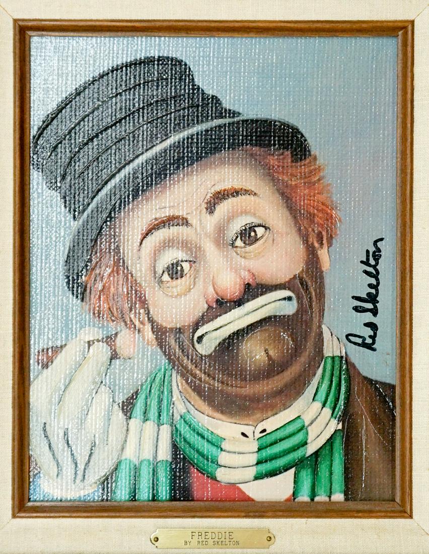 Red Skelton Double-Signed Print on Canvas: Red Skelton double-signed and numbered print on canvas. Number 1591/5000. Measures 10 in. x 8 in. image size and 14.625 in. x 12.5 in. Excellent condition. If lot is absent of a condition report a con