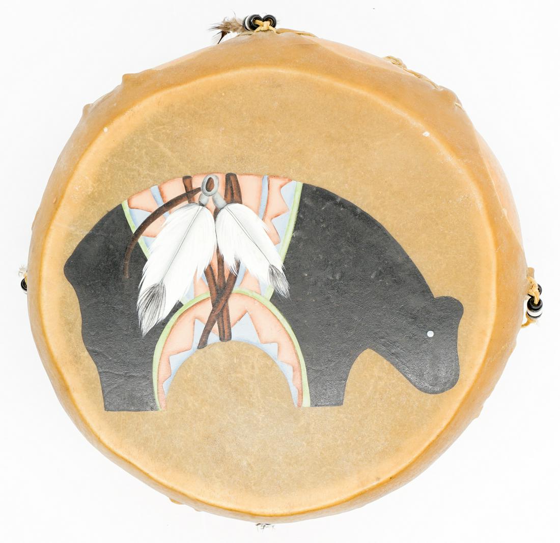Native American Painted Bear Drum: Native American hand painted drum with bear. Measures 5.5 in. x 11 in. VG-EX/EX condition. Buyer must view photographs or scans to assist in determining condition and ask further questions if so desir