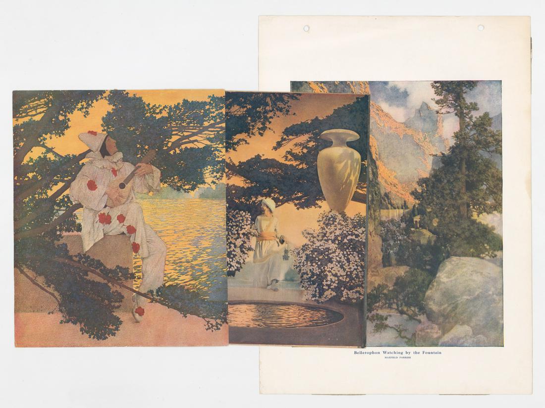 Three Maxfield Parrish Prints: Three old Maxfield Parrish prints. They measure 11.25 in. x 9.25 in., 11 in. x 9 in. and 16.5 in. x 11.875 in. Buyer must view photographs or scans to assist in determining condition and ask further q