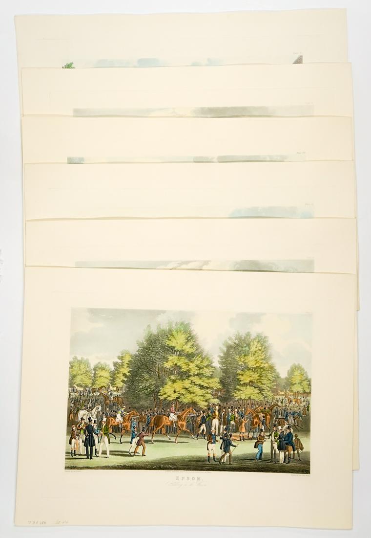 After Charles Hunt Restrike Engravings [Epsom]: Six (6) after Charles Hunt restrike color engravings, Epsom Downs horse racing series. From the original plate and created in the third quarter of the 20th century. Five include stickers on verso stat