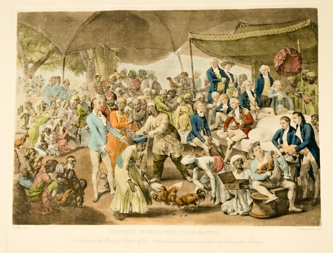 After J. Zoffany Restrike Engraving [Cock Match]: After Johan Zoffany restrike color engraving, titled 'Colonel Mordaunt's Cock Match.' From the original plate and created in the third quarter of the 20th century. Measures 19.125-in. x 25.125-in. she