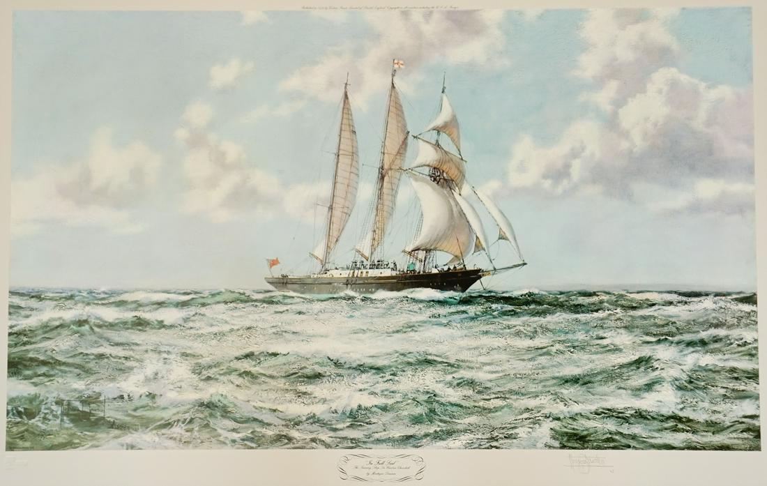Montague J Dawson Large Print [Ship]: Montague J Dawson (England 1890 - 1973) large limited edition print. Signed by artist in pencil lower right of center. Artist's name in plate lower left. Title 'In Full Sail: The Training Ship Sir Win