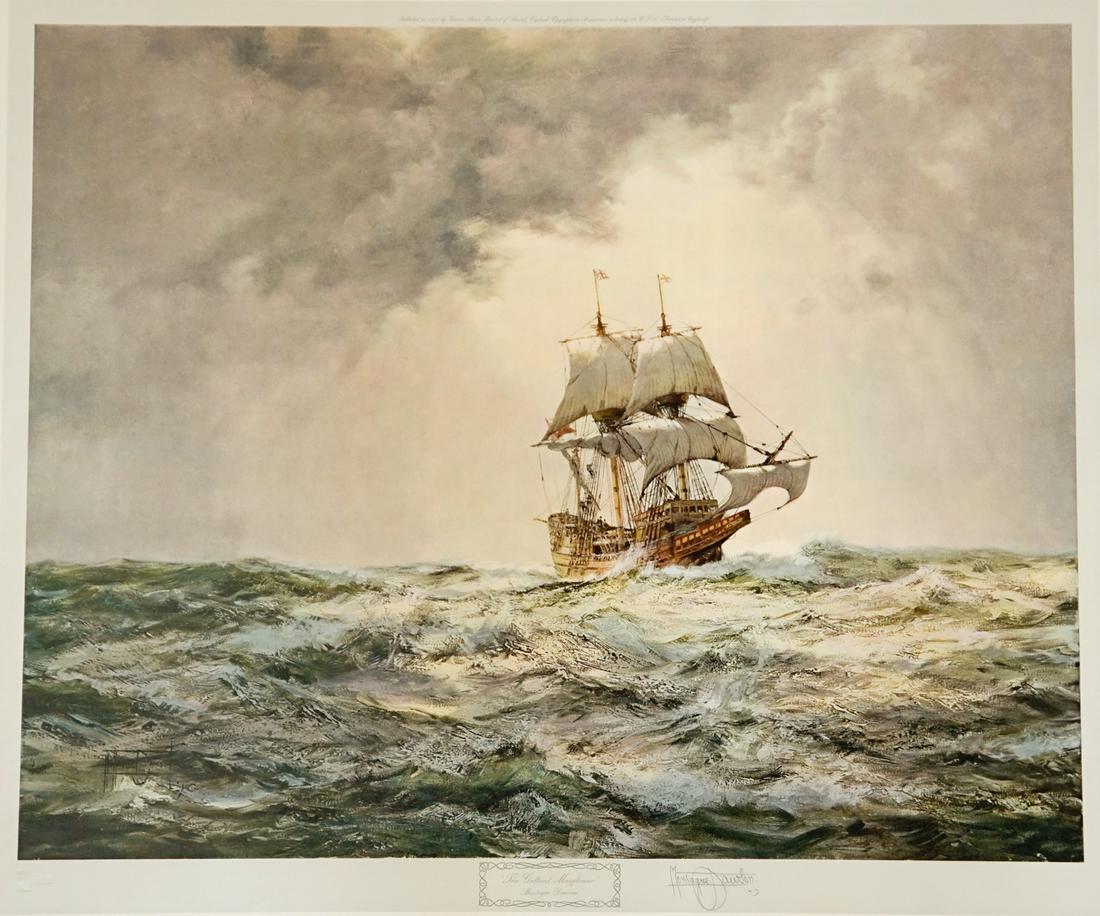 Montague J Dawson Large Print [Ship]: Montague J Dawson (England 1890 - 1973) large print. Signed by artist in pencil lower right of center. Artist's name in plate lower left. Title 'The Gallant Mayflower' printed under image lower center
