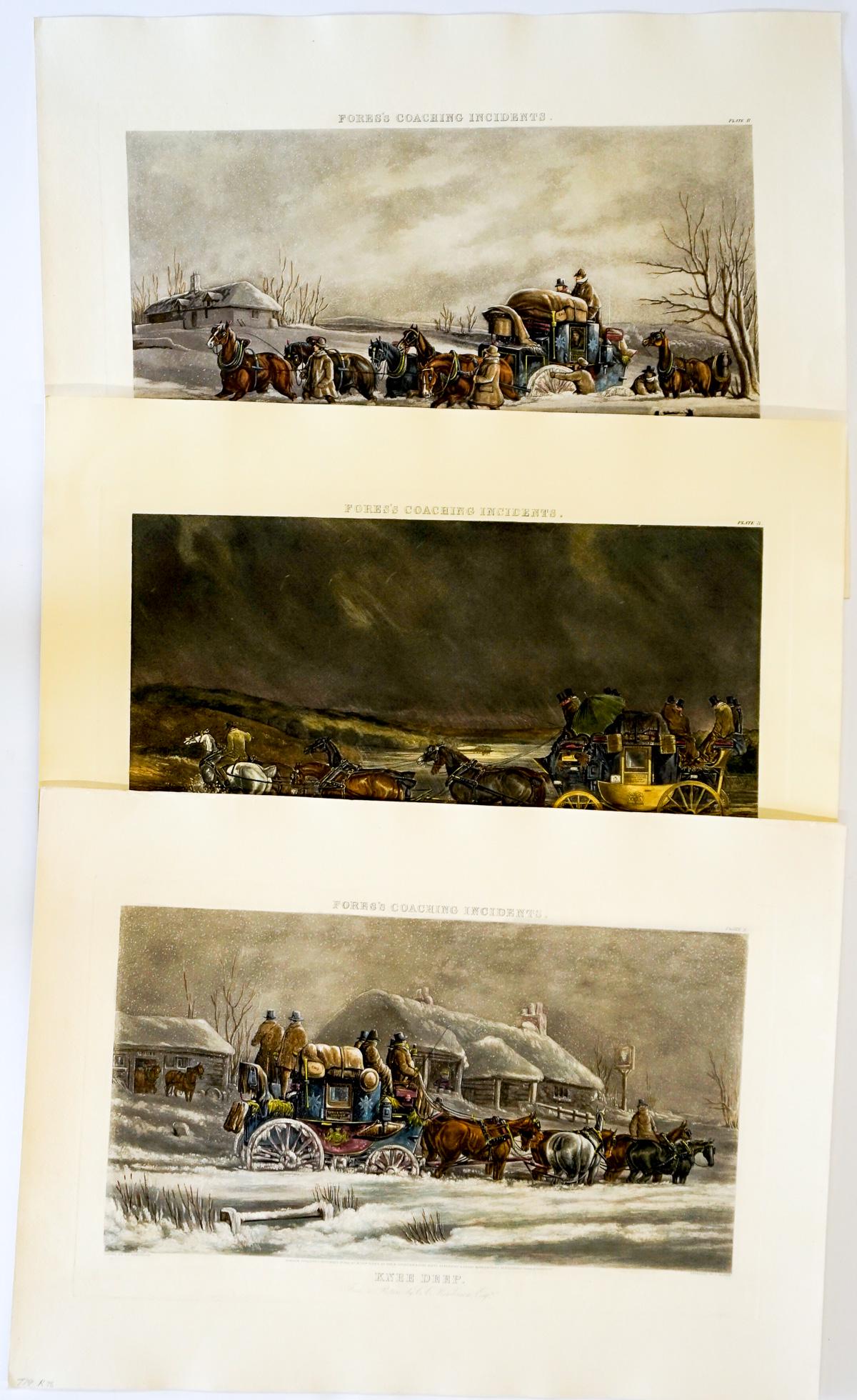 After CC Henderson Restrike Engravings [Coaching]: Three (3) after Charles Cooper Henderson large restrike color engravings from the 'Fores's Coaching Incidents' series. From the original plate and created in the third quarter of the 20th century. All