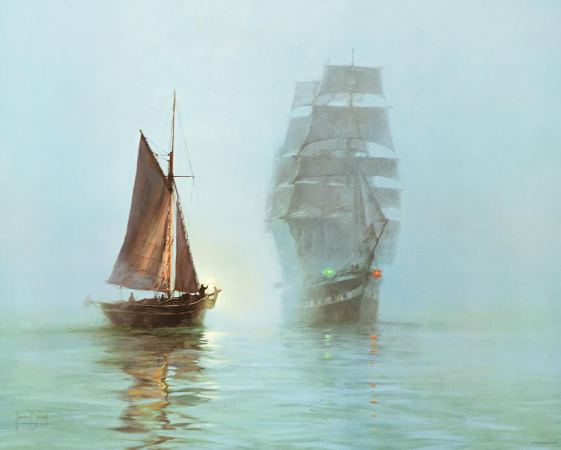 Montague Dawson (1890-1973) Signed Lithograph: Montague Dawson signed color lithograph. Signed in pencil 'Montague Dawson' lower right. Titled 'Night Mists'. Measures 29 in. x 34 in. sheet size. Excellent condition. Unframed, loose and not glued o