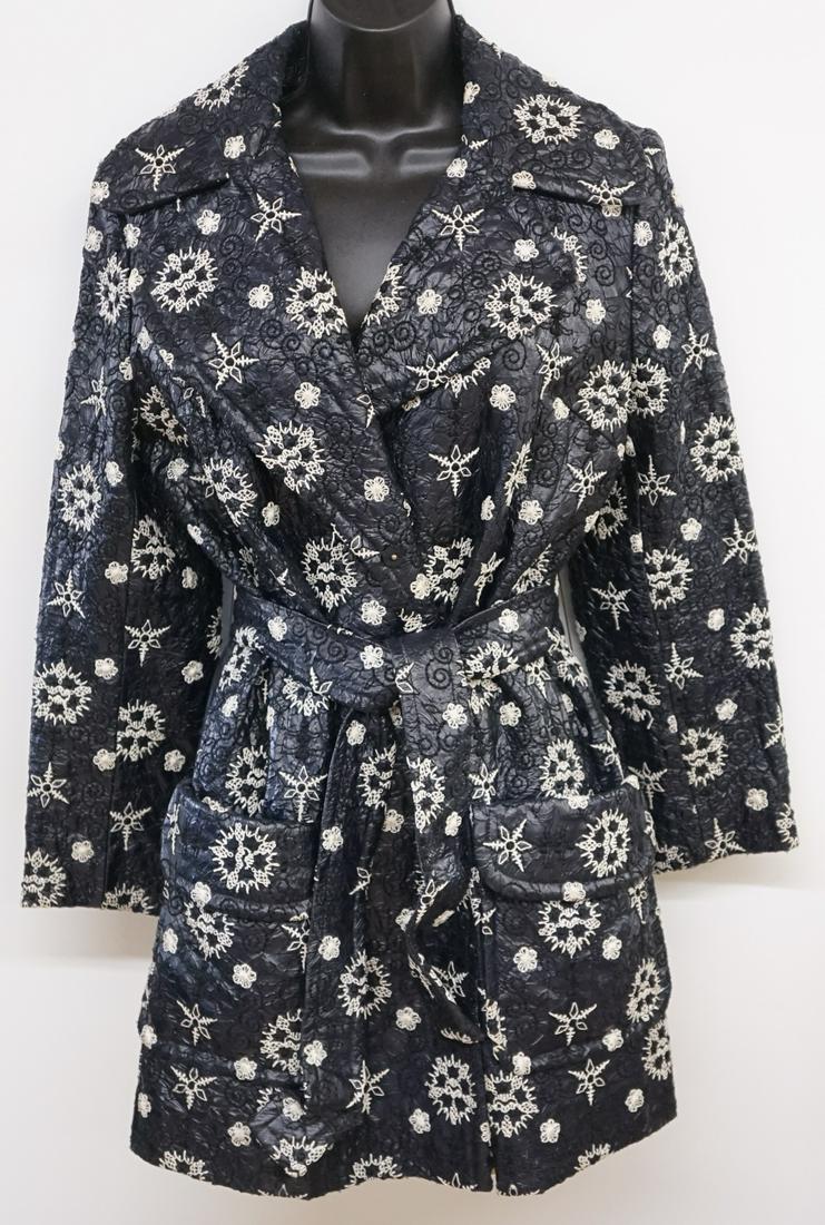 Lilli Ann Paris Gene's Butte MT Jacket: Lilli Ann Luxurious Fabric from Paris relabeled Gene's Butte Montana Vintage Jacket. Possibly Blue Acrylic Polyester fabric with white brocade design. Measures 15 in. across shoulder, approximately 38