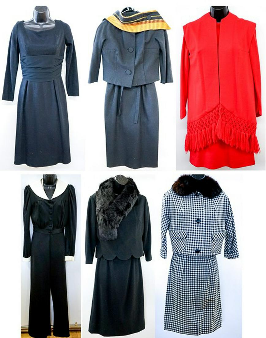 Ladies Vintage Business Casual Apparel (6 Pieces): Six Ladies Assorted Vintage Business Casual Dresses and Suits. 1) Black and White Gingham Elite Juniors Suit. Jacket with fur collar measures: 32 in. bust, 30 in. shoulder, 35 in. waist 18.5 in. lengt
