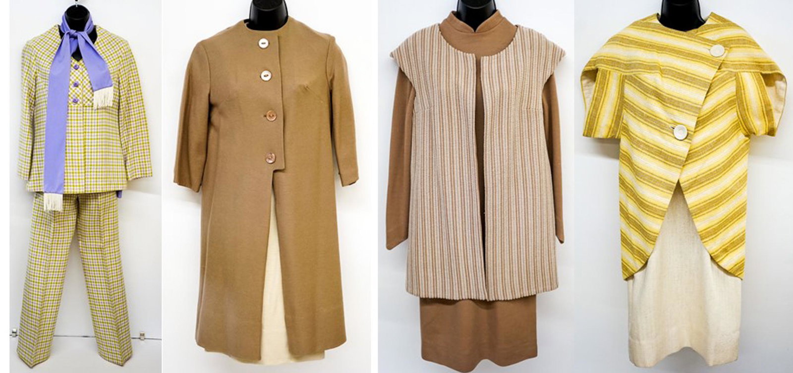 Ladies Vintage Business Casual Apparel (4 Pieces): Four Ladies Assorted Vintage Business Casual Dresses and Suits. 1) 3 Piece Purple and Green Gingham Suit. 3 Button Blazer measures: 36 in. bust, 16 in. shoulder, 26 length, and a 22 in. sleeve. The Pa