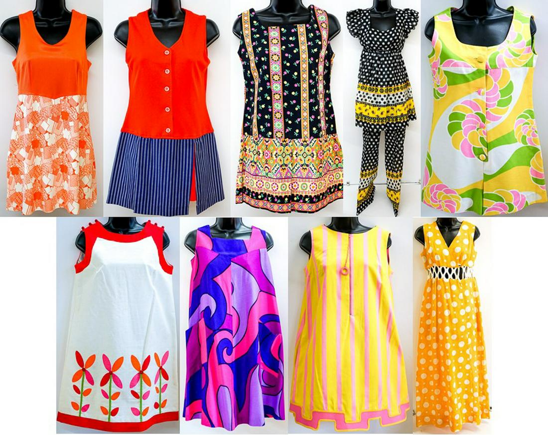 Ladies Vintage Summer Rompers (9 Pieces): Nine Ladies Assorted Vintage Summer Rompers. 1) Orange Playful Print E.D Juniors of San Francisco Mini Romper with Panties. Romper measures: 34 in. bus, 28 in. waist, 36 in hip and 30.5 in. length. 2)
