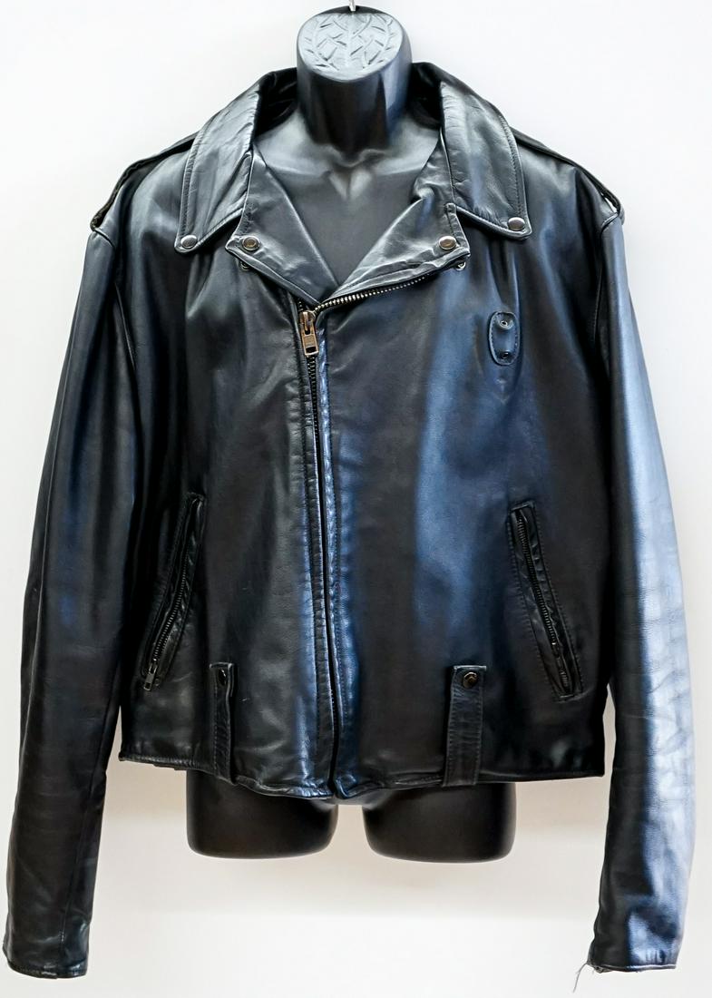 Black Leather Riding Jacket: Men's Leather Riding Jacket. by Francis Crew. Appears to be part of uniform. Men's size 48. 26 in. sleeve. Shows light ware. Good condition. If lot is absent of a condition report a condition report m