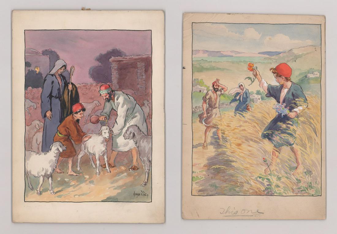 George T. Tobin Original Illustration Art (2): George T. Tobin (1864-1956) original illustration art (2). Watercolor on artists board, one is signed lower right, the other signed verso. They measure approximately 9 in. x 7 in. image size. Unframed