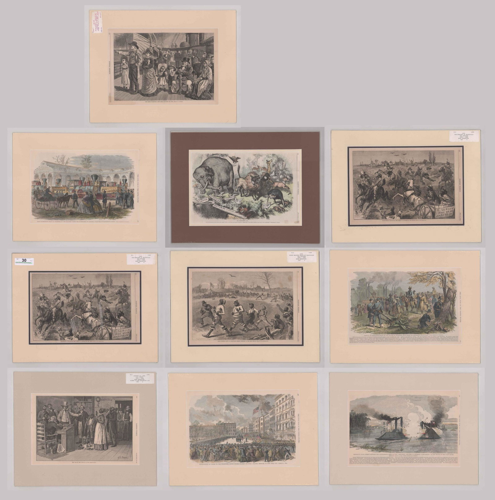 19th Century Harper's Weekly Matted Prints (10): A group of 10 antique matted Harper's Weekly double-page prints from the magazines. They measure 15 in. x 20 in. total size. Unframed, professionally matted and not inspected out of matting. If lot is