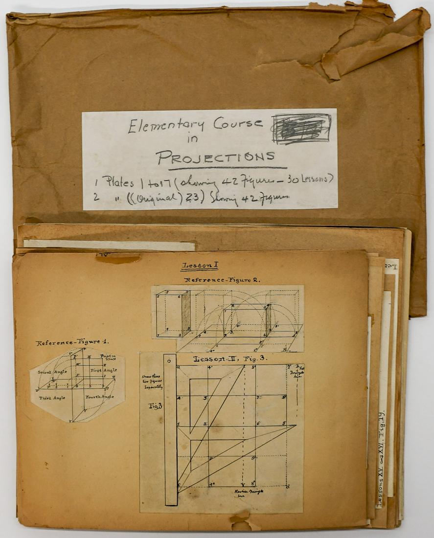 Conrad Rossi Diehl Original Drawings: Conrad Rossi Diehl (American Artist and Educator, 1842 - 1933) archive of 'Elementary Course in Projections Lessons' plates. Over 30 pages of mostly original drawings pasted-down. Measure 9.25 in. - 1