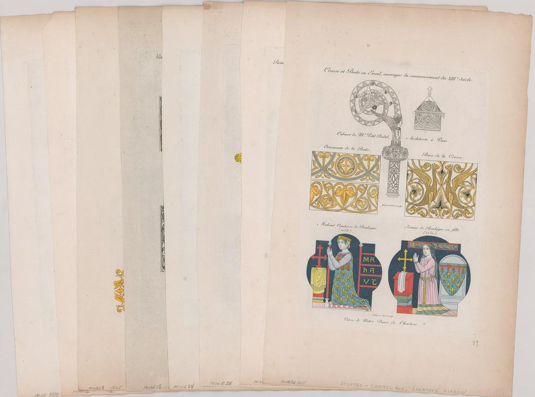 Monumens Francais Prints [French Monuments]: Eight (8) assorted prints depicting French monuments, costumes and architectural elements (source and date of prints unverified). All measure 8.25-in. x 7.875-in. sheet size. In G/G+ condition with fo