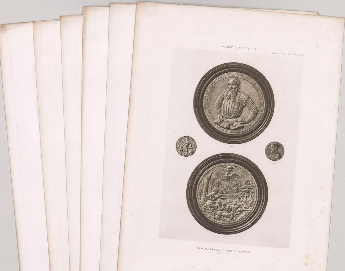 Collections Spitzer Prints [Medallions, Trophies]: Six (6) assorted prints titled 'Collections Spitzer' each depicting various medallions and/or trophies (source and date of prints unverified). All measure 20-in. x 14.125-in. sheet size. In G/G+ condi