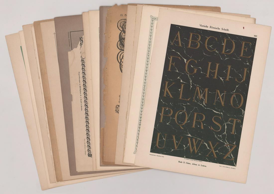 Julius Hoffman Album de Lettres Leaves: Julius Hoffman loose leaves from Album de Lettres. Includes 13 pages with the letters of the alphabet and text pages as well as title page. They measure 13.875 in. x 9.625 in. Provenance: Estate of Ru