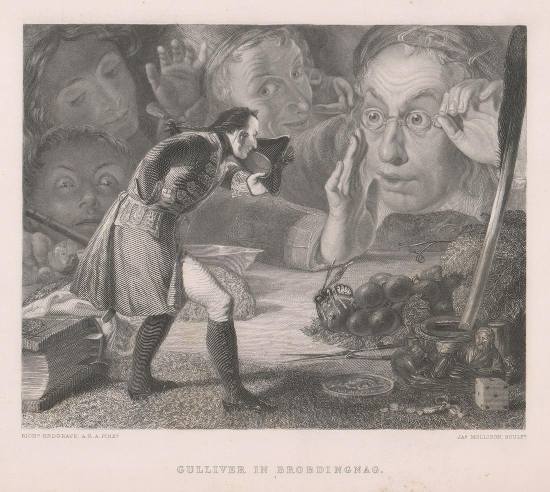 Gebbie, Barbie Engraving [Gulliver in Brobdingnag]: Gebbie and Barbie engraving titled 'Gulliver in Brobdingnag' (scene from 'Gulliver's Travels' by Jonathan Swift). Measures 7.125-in. x 8.875-in. image size, 10.5-in. x 13.5-in. sheet size. In good con