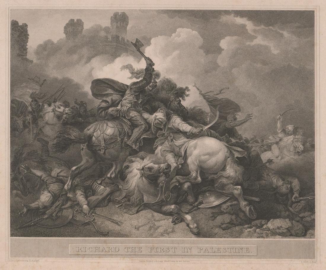 Richard the 1st Engraving [Palestine]: 'Richard the First in Palestine' engraving, circa 1800's. Measures 9.25-in. x 11.25-in. image size, 11-in. x 13.125-in. sheet size. In F+/G+ condition with foxing. Unframed, loose and not mounted or g