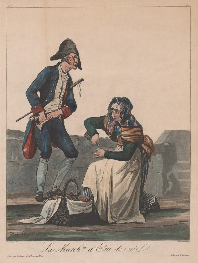 After Carle Vernet Aquatint [The Brandy Market]: After Carle Vernet (France 1758 - 1836) color aquatint. Title 'La March d'Eau de vie' printed bottom center. Measures 12.75-in. x 10-in. image size, 17-in. x 12.75-in. sheet size. In G/G+ condition, w