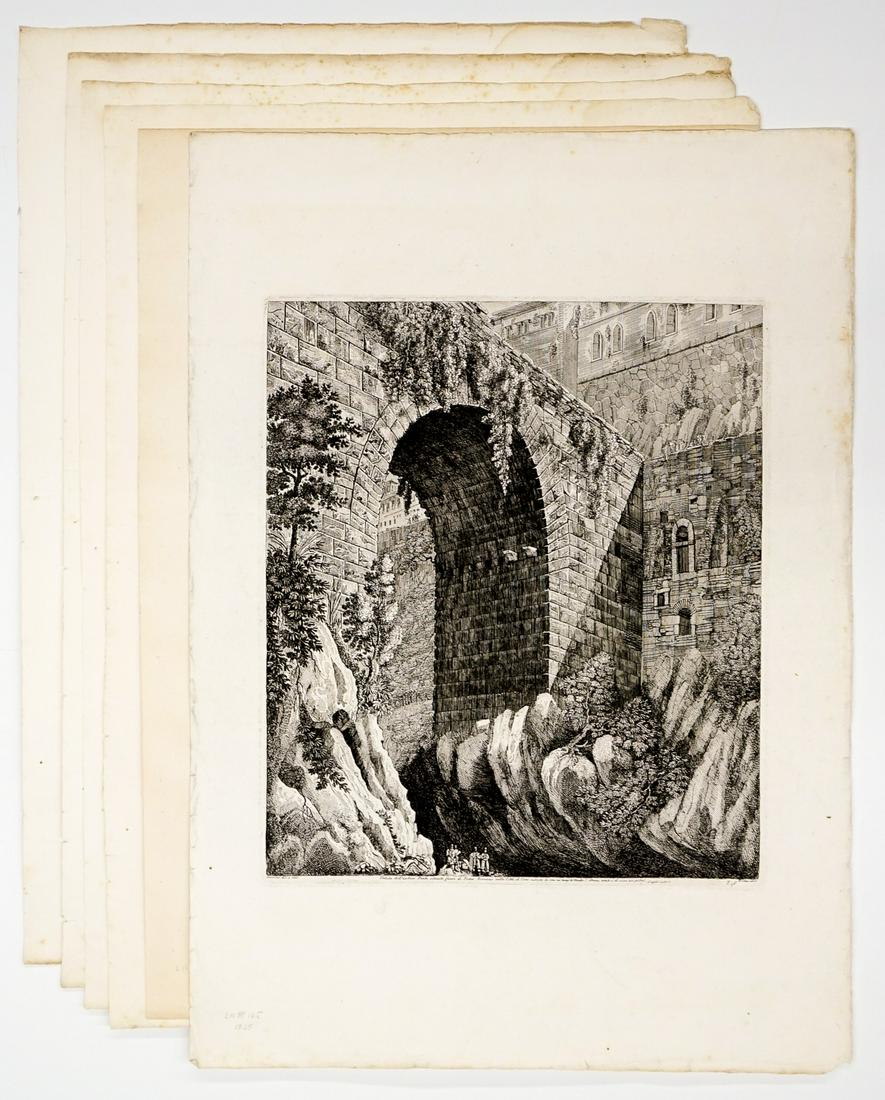 Luigi Rossini Engravings [Roma, Rome]: Two (2) Luigi Rossini (Italy 1790 - 1857) engravings of ancient monuments. Also includes four sheets of text which are predominately the Table of Contents, presumably the text from which the engraving