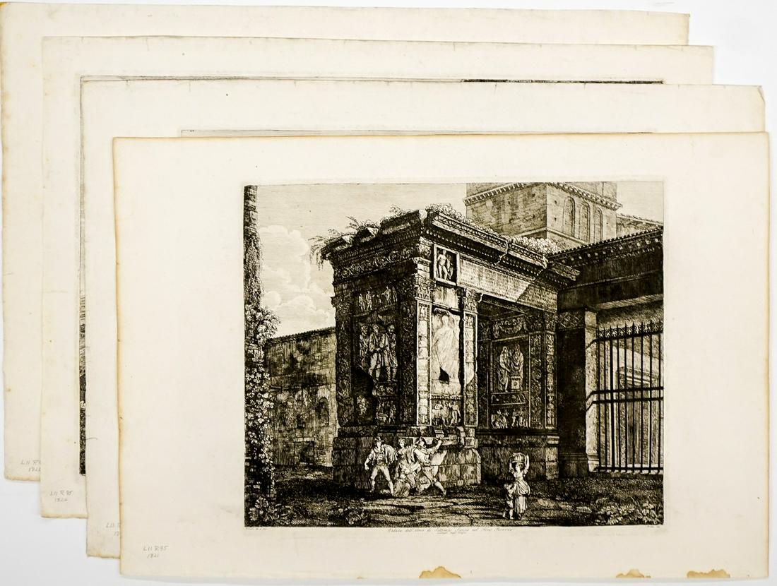 Luigi Rossini Engravings [Roma, Rome]: Four (4) Luigi Rossini (Italy 1790 - 1857) engravings of ancient monuments. Three measure 21.75-in. x 30.25-in. sheet size, one 20-in. x 29.125-in. sheet size. All in G/VG condition with rough edges,
