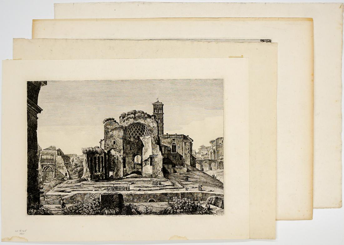 Luigi Rossini Engravings [Roma, Rome]: Four (4) Luigi Rossini (Italy 1790 - 1857) engravings of ancient monuments. Largest measures 21.75-in. x 30.25-in. sheet size, smallest 19.125-in. x 26.125-in. sheet size. All in G/VG condition with r