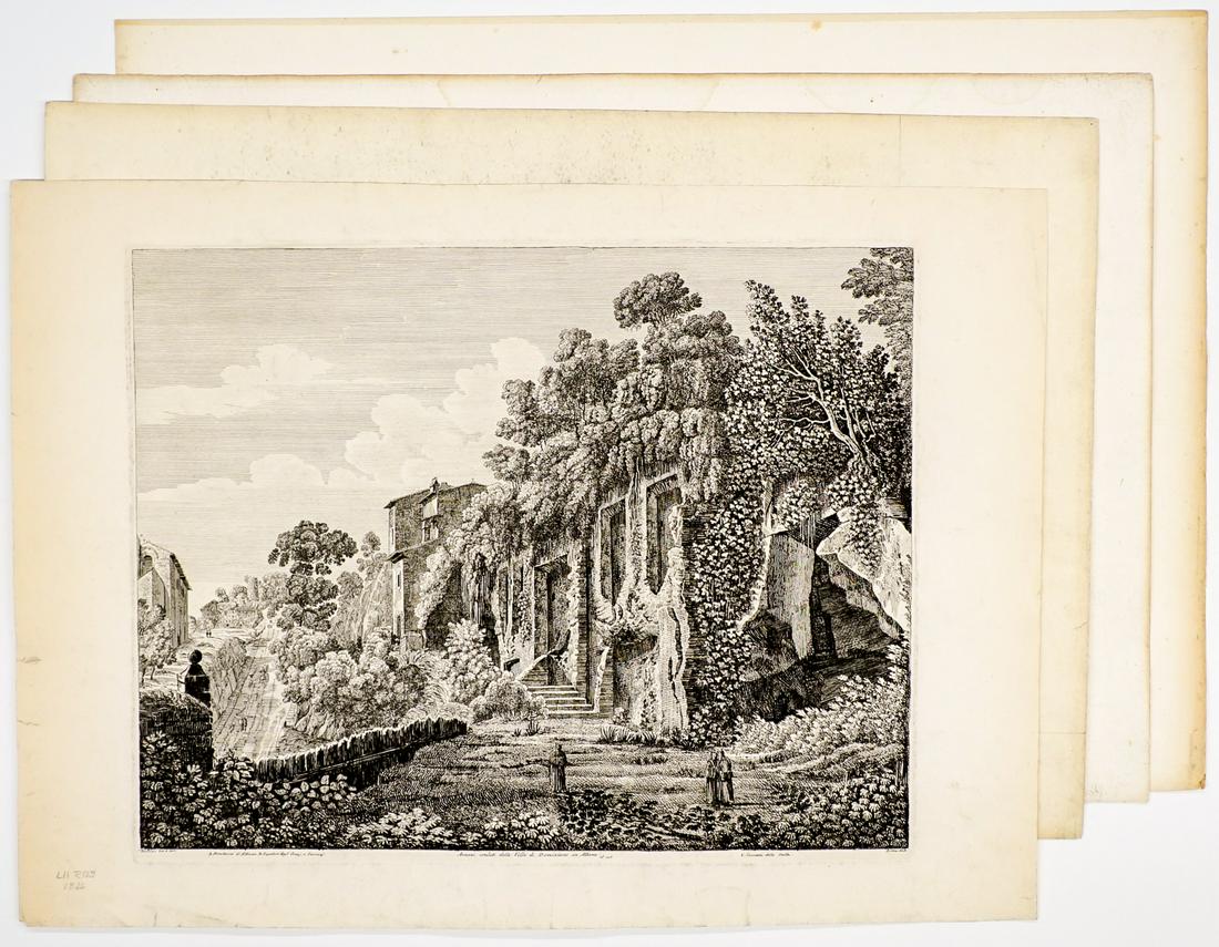 Luigi Rossini Engravings [Roma, Rome]: Four (4) Luigi Rossini (Italy 1790 - 1857) engravings of ancient monuments. Largest measures 21.25-in. x 29.75-in. sheet size, smallest 20.25-in. x 27.875-in. sheet size. All in G/VG condition with ro