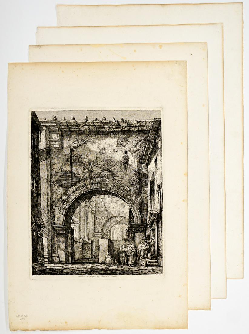 Luigi Rossini Engravings [Roma, Rome]: Four (4) Luigi Rossini (Italy 1790 - 1857) engravings of ancient monuments. Two measure 29.25-in. x 20-in. sheet size, two 28.375-in. x 19.25-in. sheet size. All in G/VG condition with rough edges, to