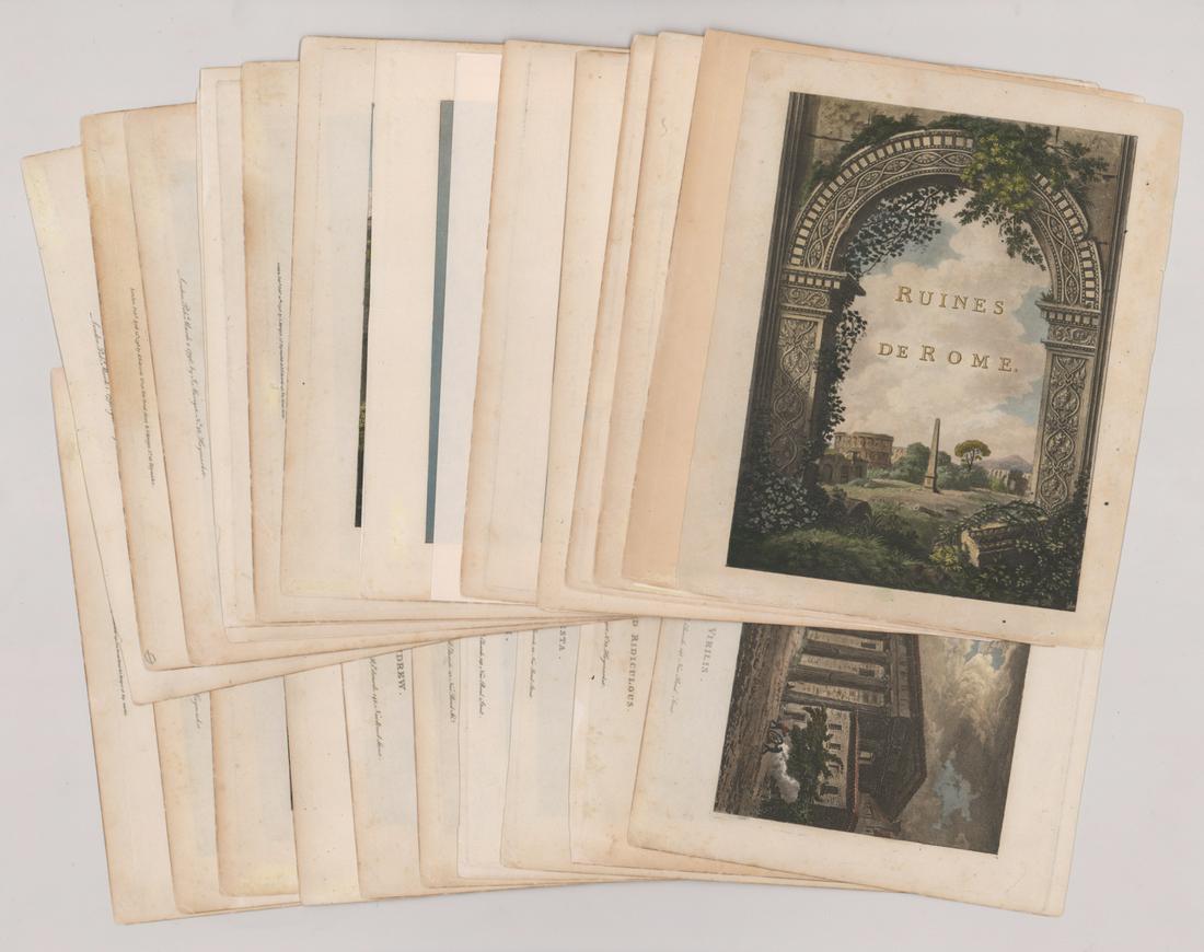 James Merigot Color Aquatints [Rome]: Twenty-four (24) (potentially some duplicates, includes frontispiece) James Merigot color aquatints from 'Select Collection of Views and Ruins of Rome.' Published London (date of these prints unverifi