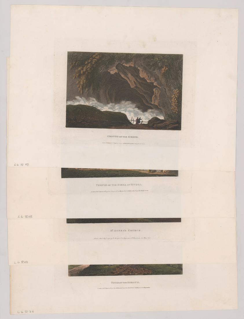 James Merigot Color Engravings [Rome]: Four (4) James Merigot color engravings from 'Rome and Environs.' Published London (date of these prints unverified). Measure 12.5-in. x 17.5-in. sheet size. In varying G/VG condition with foxing. Unf