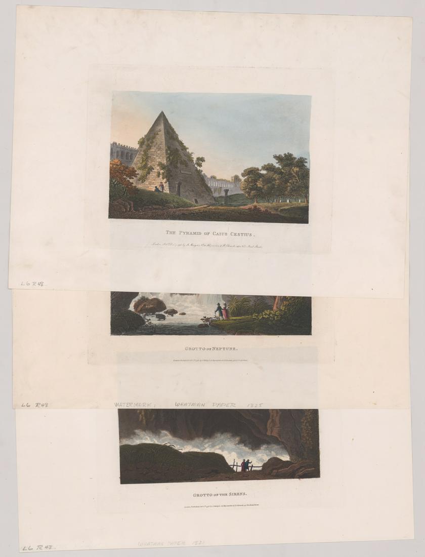 James Merigot Color Engravings [Rome]: Three (3) James Merigot color engravings from 'Rome and Environs.' Published London (date of these prints unverified). Measure 12.5-in. x 17.5-in. sheet size. In varying G/VG condition with foxing. Un