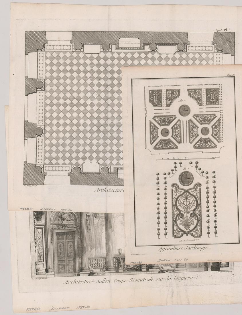 Diderot Antique Prints [Architecture]: Three (3) Diderot (1750 - 1780) antique prints of architectural elements. Includes three plates 1) Agriculture Jardinage, 2) Architecture Sallon Plan and 3) Architecture, Sallon Coupe Geometrale sur l