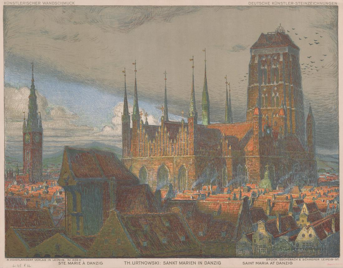 Escheback, Leipzig Stone Drawing [Danzig Poland]: Druck Escheback & Schaefer Leipzig German artist stone drawing, by R. Voigtlander publishing house in Leipzig. Title 'Th. Urtnowski: Sankt Marien in Danzig' (Saint Maria at Danzig). Second image on ve