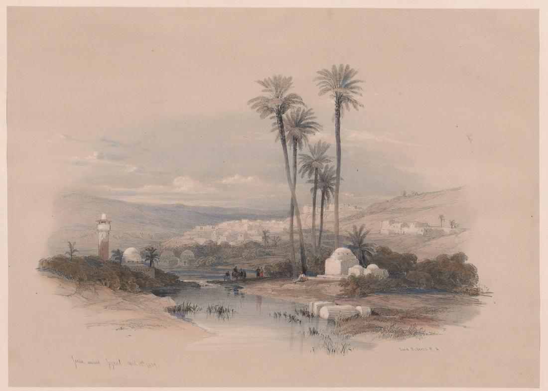 David Roberts Lithograph [Woman and Man]: David Roberts (England, Scotland 1796 - 1864) lithograph. Signed in plate lower right. Title and date 'Jenin, Ancient Jezrul April 19th 1839' in plate lower left. Lithograph mounted on sheet of heavy