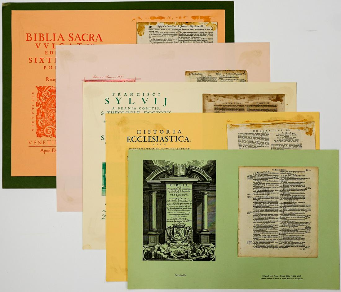 Religious Text Pages [Latin, English, Dutch]: Five (5) pages from five (5) 16th, 17th and 18th century religious texts. Each includes a facsimile of the Title page and a brief history of the original work. 1) 'The Bible that is The Holy Scripture