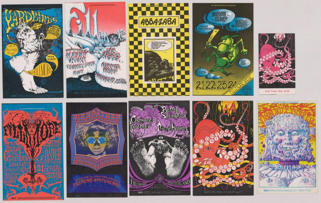 Bill Graham Postcards, Handbills and Ticket Stub: A group of seven vintage Bill Graham Rock and Roll postcards, two handbills and one ticket stub. Unframed, loose and not glued or mounted. Buyer must view photographs or scans to assist in determining