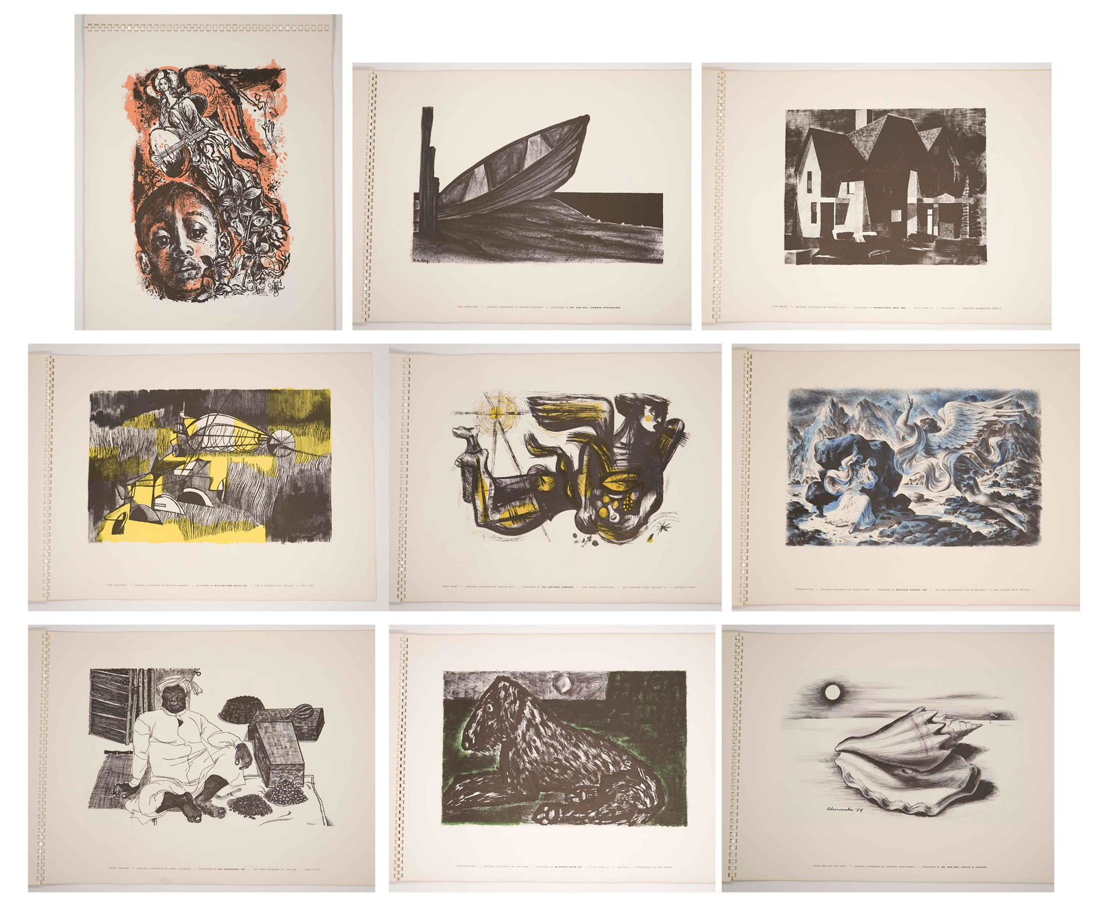 Portfolio Various Artist Lithos [Improvisations]: Portfolio titled 'Improvisations 1954 Book of Abstract Surreal Lithographs' of thirty-four original lithographs by various artists: Elizabeth Engelhard, Fred Steffen, Rainey Bennett, Margo Hoff, Harry