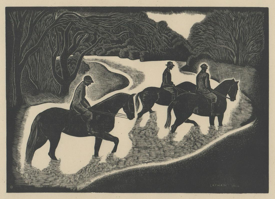 Barbara Latham Woodcut [AAG, Fording the Stream]: Barbara Latham (American 1896 - 1976) woodcut. Signed and dated 1936 in plate, but purposely not pencil signed and numbered to reduce cost to consumer. Title 'Fording the Stream' published 1930s-1940s
