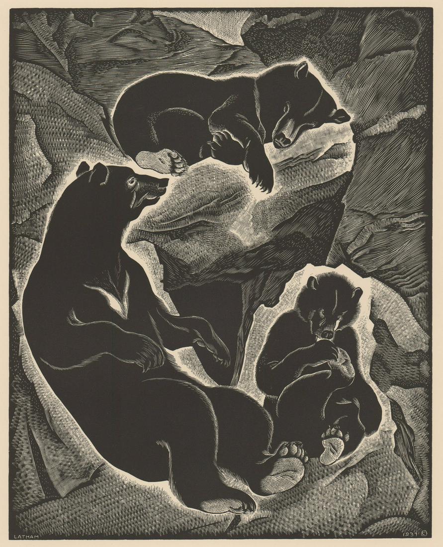 Barbara Latham Wood Engraving [AAG, Bear Family]: Barbara (Cook) Latham (New Mexico, Massachusetts 1896 - 1989) wood engraving. Signed in plate lower left and dated (1937) in plate lower right. Measures 10-in. x 8-in. image size, 18-in. x 13-in. shee