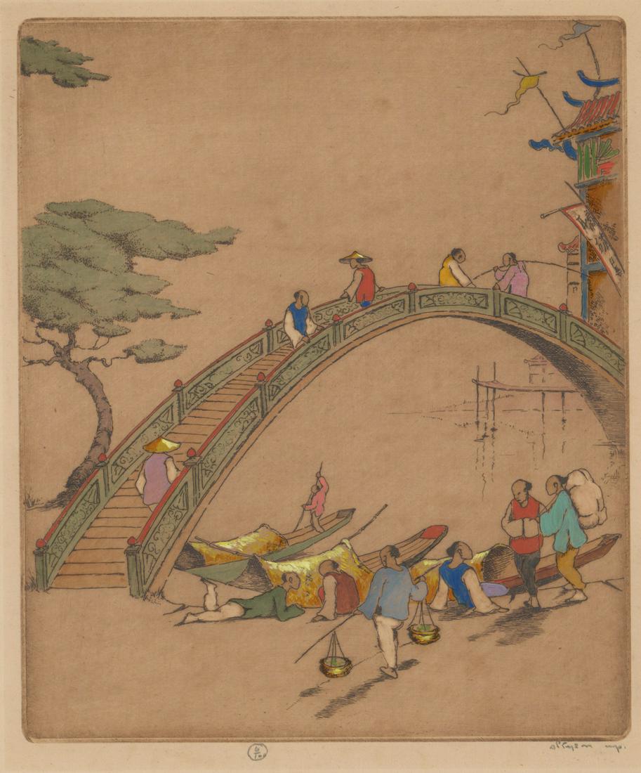 Illegibly Signed Drypoint [Asian]: Illegibly signed drypoint on board, nicely rendered. Signed by artist in pencil lower right. Number '6/100' in pencil lower center. Measures 9.5-in. x 8-in. image size, 12.5-in. x 11.875-in. board siz