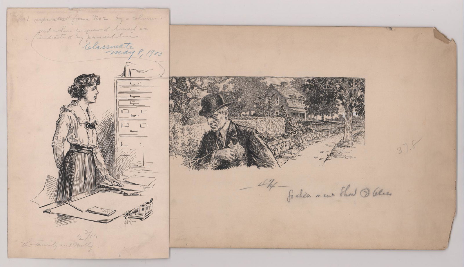 George Tobin Ink Drawings [People]: Two (2) George T. Tobin (Vermont 1864-1956) original pen and ink illustration drawings. Both are signed. They measure 10 in. x 7 in. and 11 in. x 7.5 in image sizes, 13.5 in. x 8.625 in. and 12 in. x 
