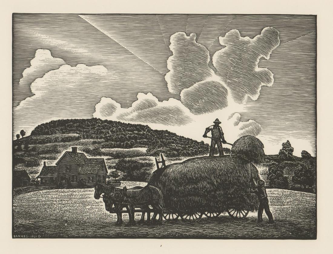 J. J. Lankes Woodcut [AAA, Farming, Haying]: Julius John (JJ) Lankes (New York, North Carolina 1884 - 1960) woodcut. Artist's name, date (1937) and copyright in plate lower left. Work titled 'Haying.' Measures 7.5-in. x 10-in. image size, 13-in.
