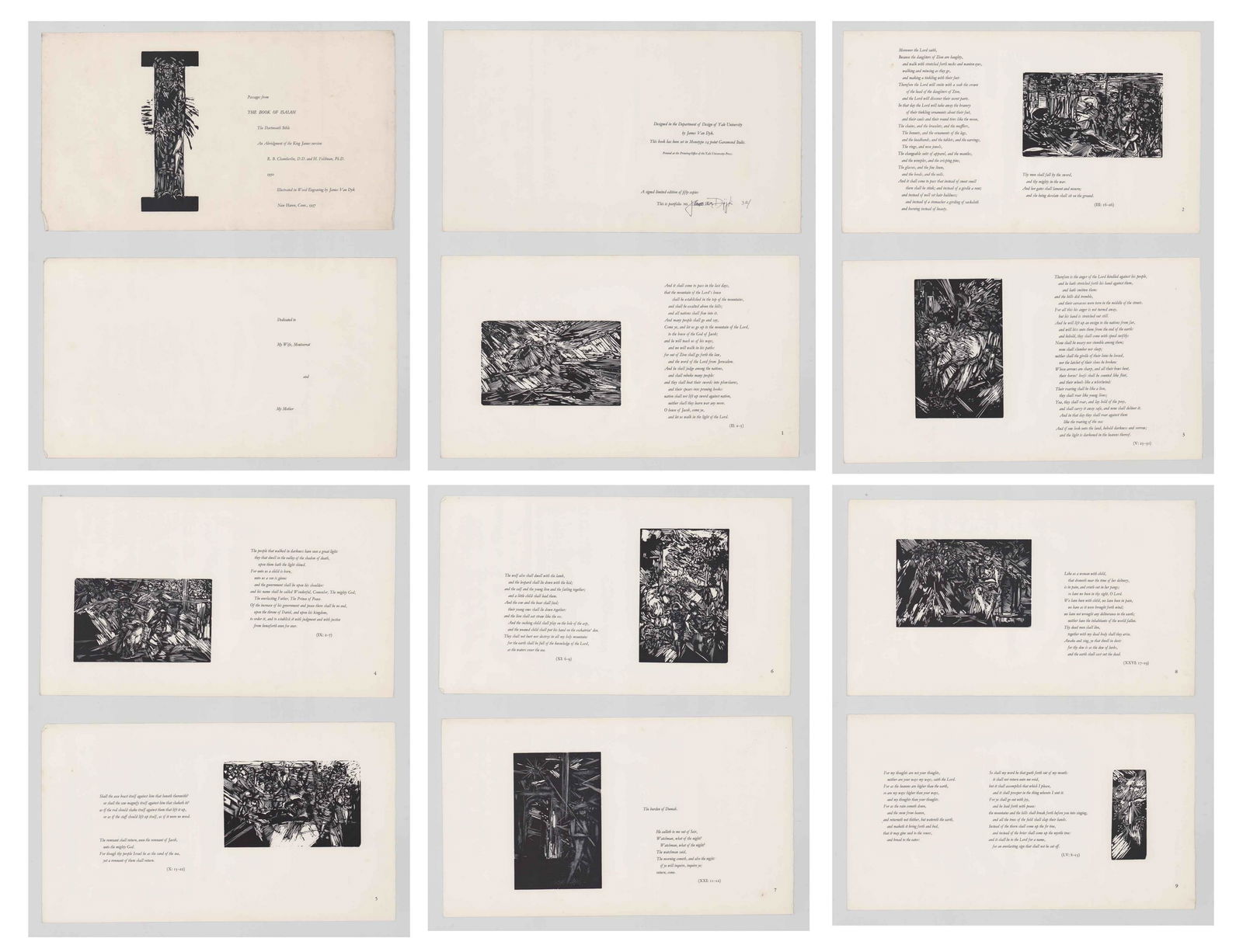 James Van Dyk Wood Engravings [Book of Isaiah]: RARE portfolio set of nine (9) wood engravings by James Van Dyk (Pennsylvania, California b. 1930). Passages from the Book of Isaiah from The Dartmouth Bible as translated by R. B. Chamberlin and H. F
