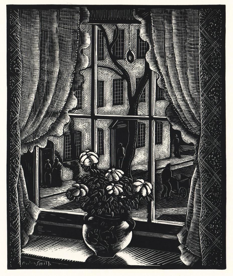 Charles William Smith Woodcut [Window, Still Life]: Charles William Smith (Virginia 1893 - 1987) woodcut, unsigned. Artists name in plate lower left. Work is titled 'A Charleston Window.' Measures 8.125-in. x 8.5-in. image size, 8-in. x 10.125-in. shee