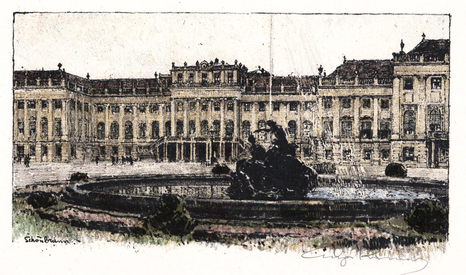 Luigi Kasimir Lithograph [Schonbrunn Fountain]: Luigi (Alois Heinrich) Kasimir (New York, California, Austria 1881 - 1962) lithograph. Signed in pencil lower right. Number in pencil '116/200' lower left of sheet. Title 'Schonbrunn' in plate lower l