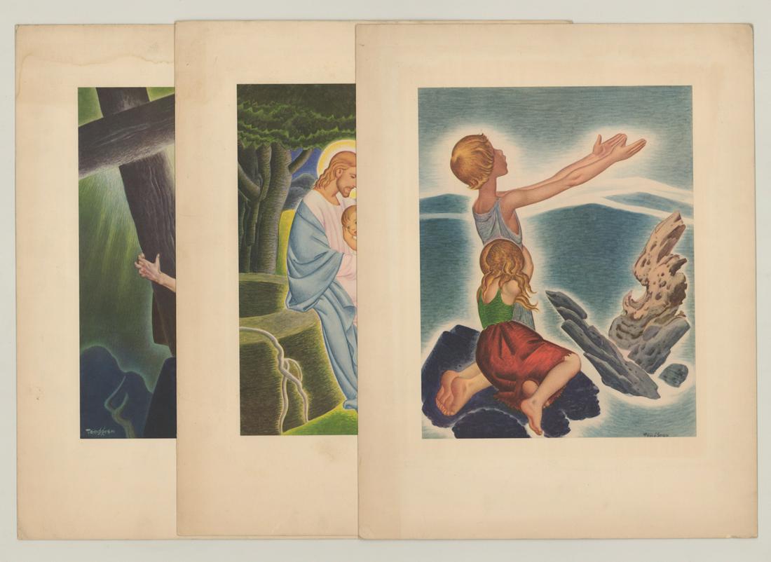 Gustaf Tenggren Lithographs [Religious, Children]: Three (3) Gustaf Tenggren (California, New York, Sweden 1896 - 1970) color lithographs. All signed in plate, lower right or left. Each measures 11.125-in. x 8.625-in. sheet size. Each is mounted at up