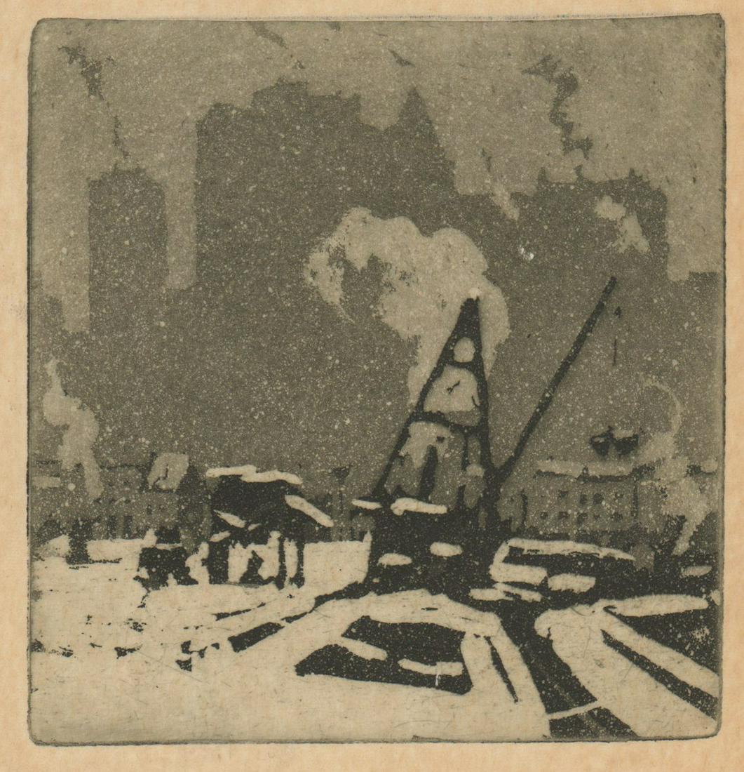Everett Longley Warner Woodcut [Holiday]: Everett Longley Warner (New York, Iowa 1877 - 1963) woodcut. Holiday card signed 'Christmas Greetings from Katharine and Everett Warner' in pencil bottom of card. Measures 3.625-in. x 3.5-in. image si