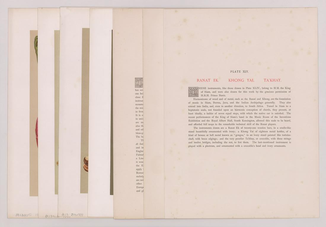 Color Plates ca. 1888 [Musical Instruments]: Four (4) Musical Instruments, Historic, Rate and Unique. Illustrated by William Gibb. The selection, introduction and description notes by A. J. Hipkins, F.S.A. Lond. Plates include: State Trumpet and