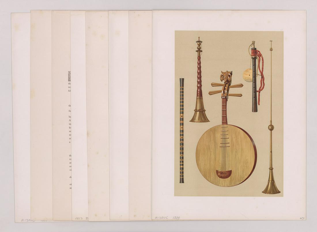 Color Plates ca. 1888 [Musical Instruments]: Four (4) Musical Instruments, Historic, Rate and Unique. Illustrated by William Gibb. The selection, introduction and description notes by A. J. Hipkins, F.S.A. Lond. Plates include: Saw Duang & Bow,